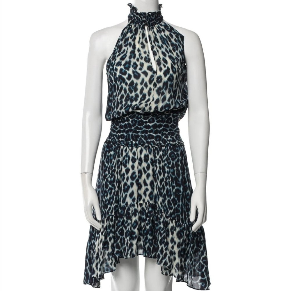 A.L.C. | Cody Leopard-Print Blue Smocked Dress, Size 2